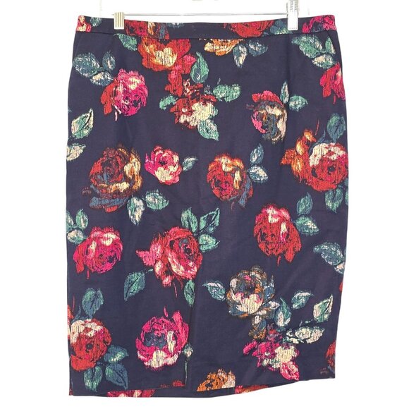 Merona Size 14 Women's Rose Floral Dark Blue Green Pencil Skirt - Picture 1 of 6
